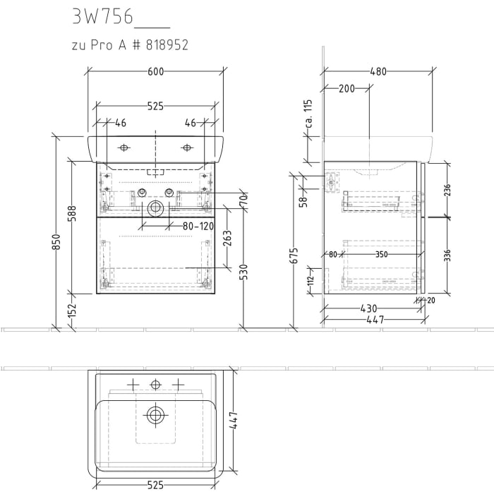 Sanipa 3way Waschtischunterbau für Keramik-Waschtisch Pro A 60 cm, 2 Auszüge mit Griffleisten