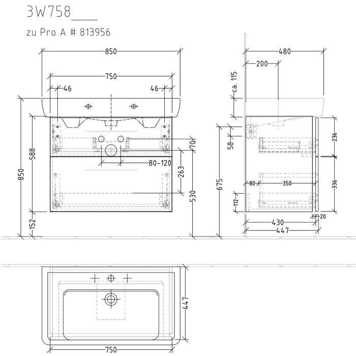 Sanipa 3way Waschtischunterbau für Keramik-Waschtisch Pro A 85 cm, 2 Auszüge mit Griffleisten