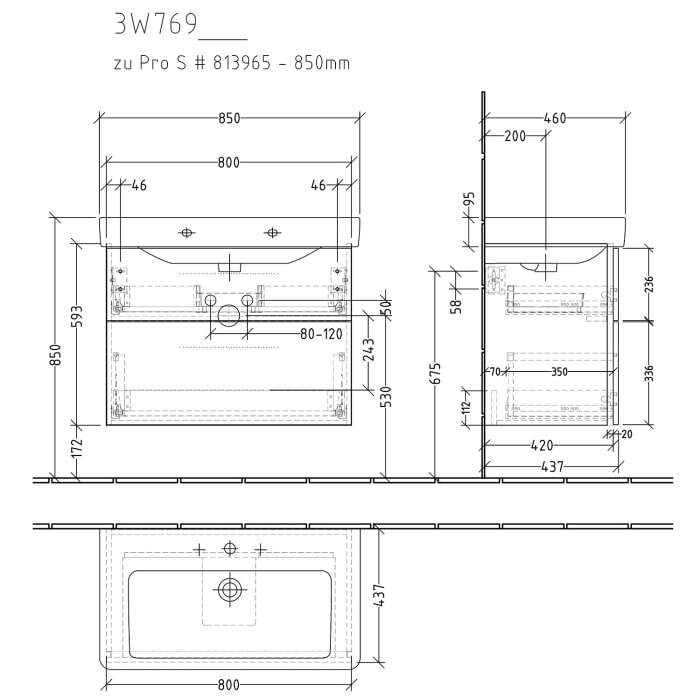 Sanipa 3way Waschtischunterbau für Keramik-Waschtisch Pro S 85 cm, 2 Auszüge mit Griffleisten