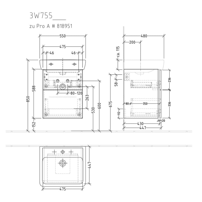 Sanipa 3way Waschtischunterbau für Keramik-Waschtisch Pro A 55 cm, 2 Auszüge mit Griffleisten