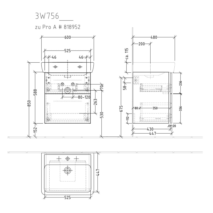 Sanipa 3way Waschtischunterbau für Keramik-Waschtisch Pro A 60 cm, 2 Auszüge mit Griffleisten
