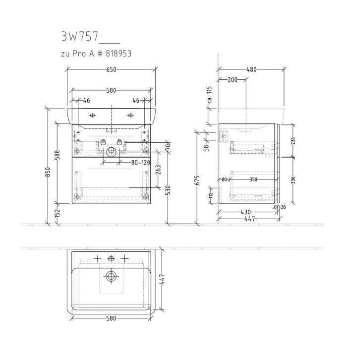 Sanipa 3way Waschtischunterbau für Keramik-Waschtisch Pro A 65 cm, 2 Auszüge mit Griffleisten