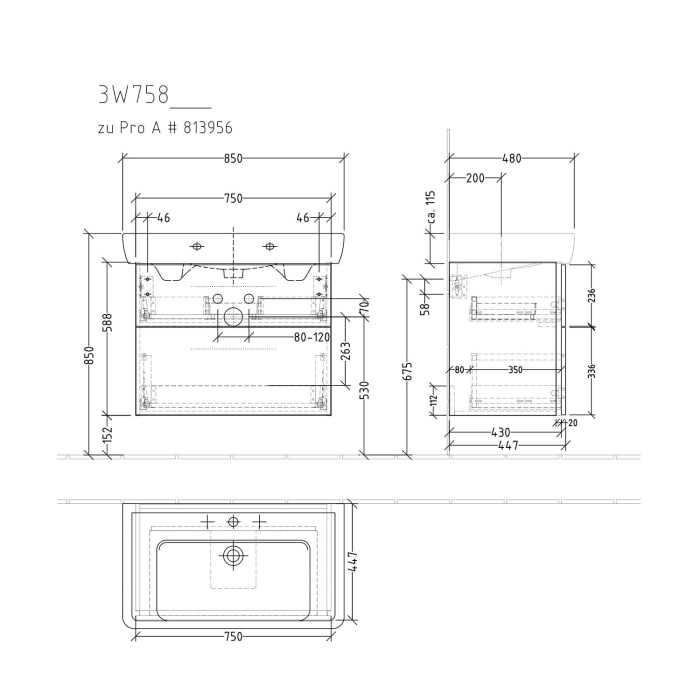 Sanipa 3way Waschtischunterbau für Keramik-Waschtisch Pro A 85 cm, 2 Auszüge mit Griffleisten