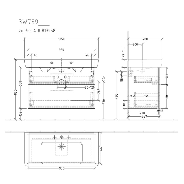 Sanipa 3way Waschtischunterbau für Keramik-Waschtisch Pro A 105 cm, 2 Auszüge mit Griffleisten