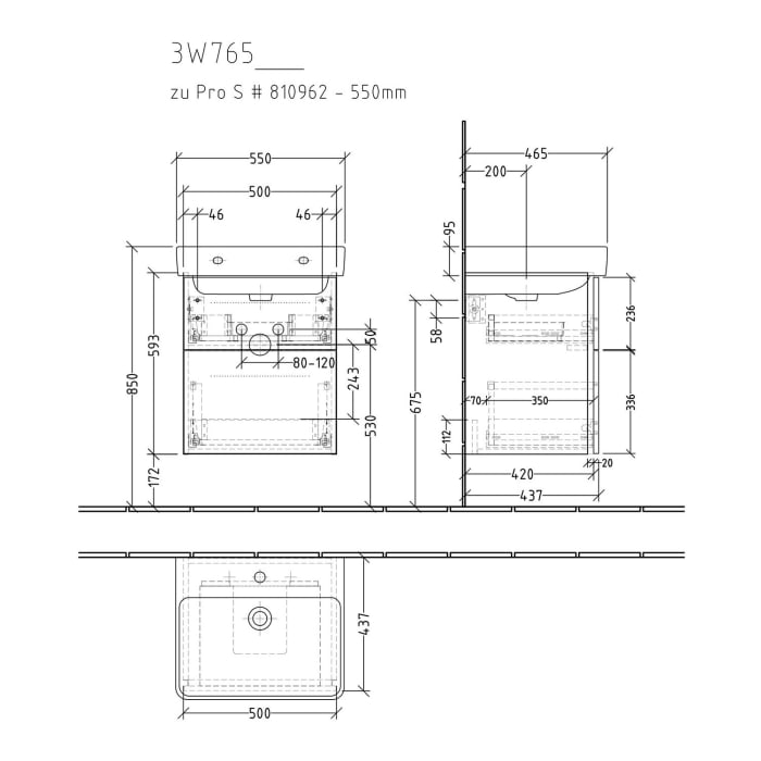 Sanipa 3way Waschtischunterbau für Keramik-Waschtisch Pro S 55 cm, 2 Auszüge mit Griffleisten