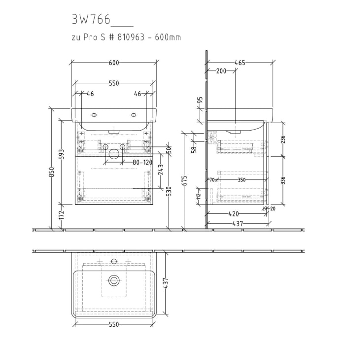 Sanipa 3way Waschtischunterbau für Keramik-Waschtisch Pro S 60 cm, 2 Auszüge mit Griffleisten