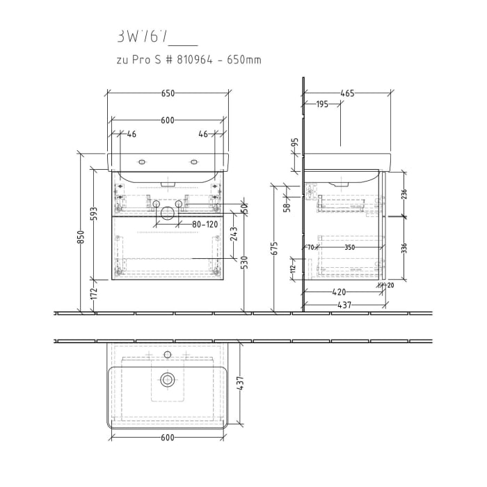 Sanipa 3way Waschtischunterbau für Keramik-Waschtisch Pro S 65 cm, 2 Auszüge mit Griffleisten