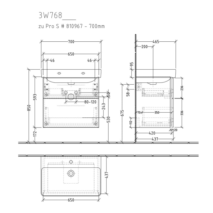 Sanipa 3way Waschtischunterbau für Keramik-Waschtisch Pro S 70 cm, 2 Auszüge mit Griffleisten