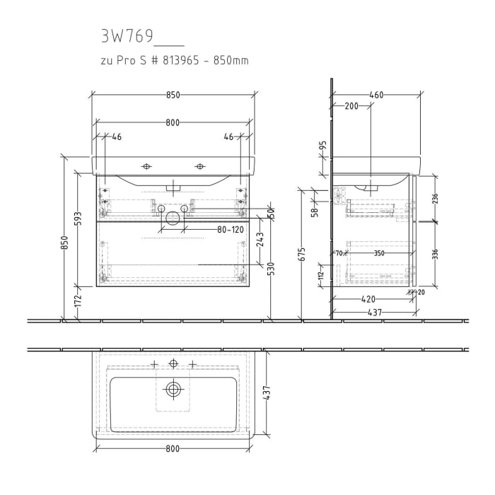 Sanipa 3way Waschtischunterbau für Keramik-Waschtisch Pro S 85 cm, 2 Auszüge mit Griffleisten