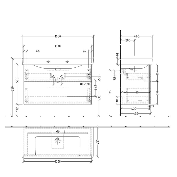 Sanipa 3way Waschtischunterbau für Keramik-Waschtisch Pro S 105 cm, 2 Auszüge mit Griffleisten