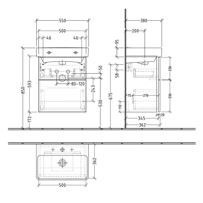 Sanipa 3way Waschtischunterbau für Keramik-Waschtisch Pro S 55 cm, 2 Auszüge mit Griffleisten, geringere Tiefe