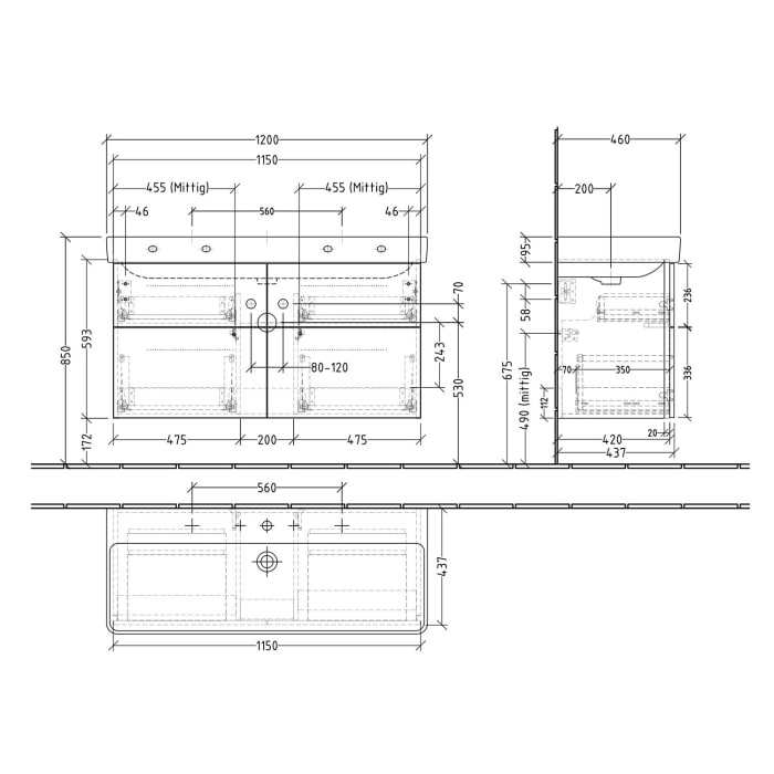Sanipa 3way Waschtischunterbau für Keramik-Waschtisch Pro S 120 cm, 4 Auszüge mit Griffleisten