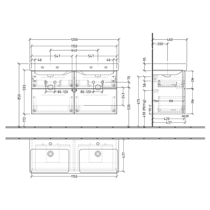 Sanipa 3way Waschtischunterbau für Keramik-Doppelwaschtisch Pro S 120 cm, 4 Auszüge mit Griffleisten