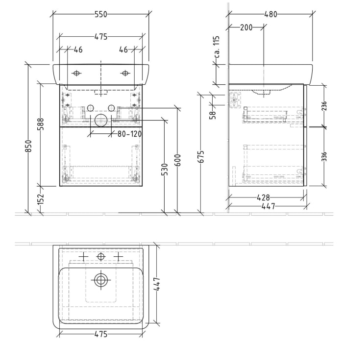 Sanipa 3way Waschtischunterbau für Keramik-Waschtisch Pro A 55 cm, 2 Auszüge mit Push to open