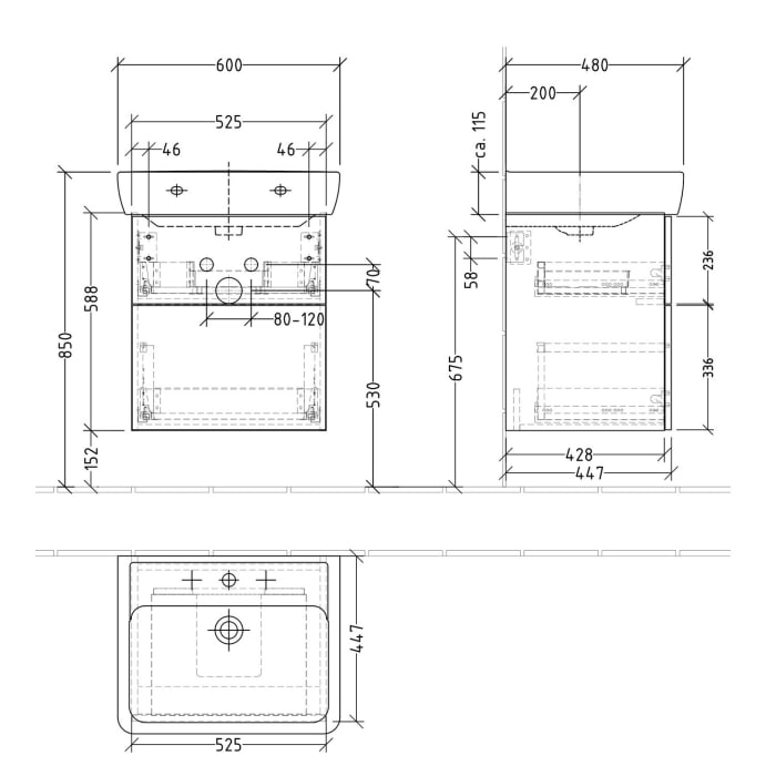 Sanipa 3way Waschtischunterbau für Keramik-Waschtisch Pro A 60 cm, 2 Auszüge mit Push to open