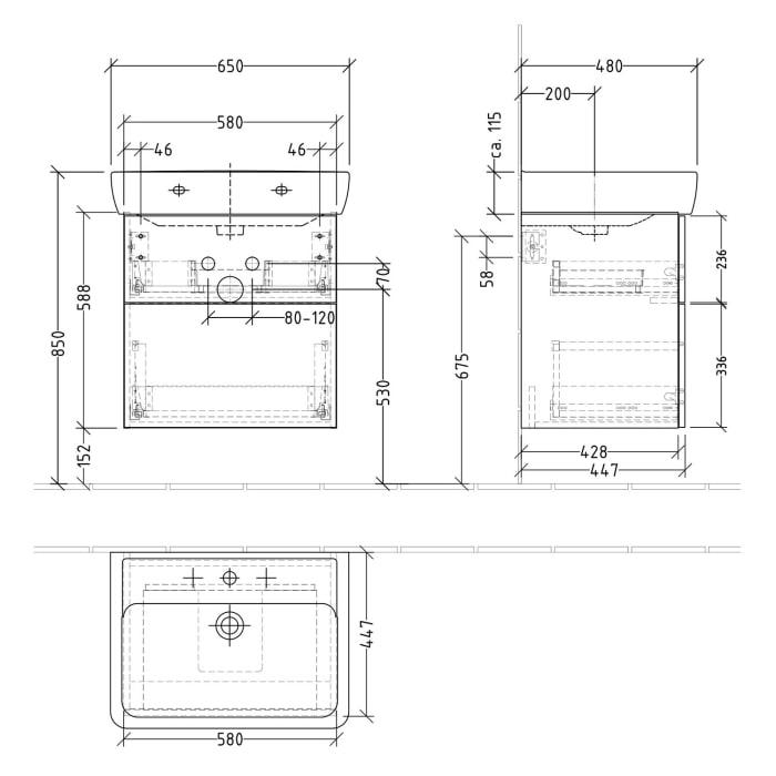 Sanipa 3way Waschtischunterbau für Keramik-Waschtisch Pro A 65 cm, 2 Auszüge mit Push to open