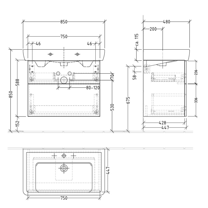 Sanipa 3way Waschtischunterbau für Keramik-Waschtisch Pro A 85 cm, 2 Auszüge mit Push to open