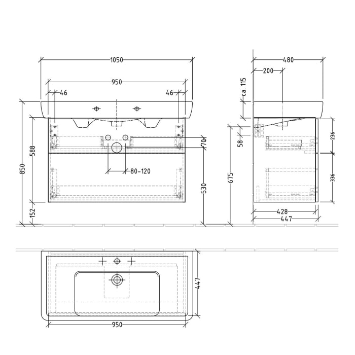 Sanipa 3way Waschtischunterbau für Keramik-Waschtisch Pro A 105 cm, 2 Auszüge mit Push to open