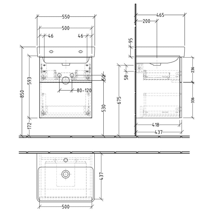 Sanipa 3way Waschtischunterbau für Keramik-Waschtisch Pro S 55 cm, 2 Auszüge mit Push to open