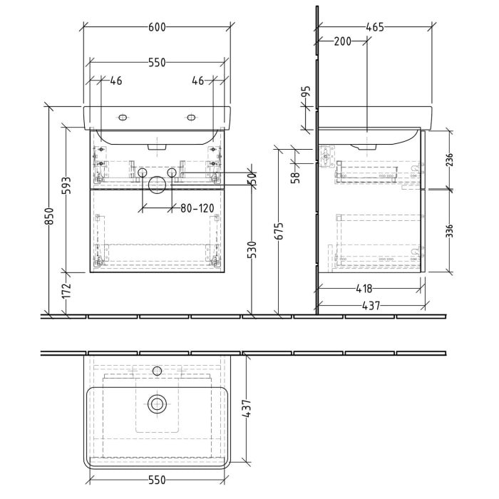 Sanipa 3way Waschtischunterbau für Keramik-Waschtisch Pro S 60 cm, 2 Auszüge mit Push to open