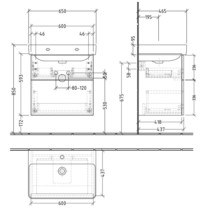 Sanipa 3way Waschtischunterbau für Keramik-Waschtisch Pro S 65 cm, 2 Auszüge mit Push to open