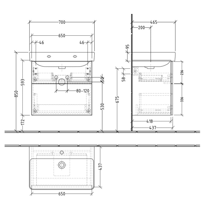 Sanipa 3way Waschtischunterbau für Keramik-Waschtisch Pro S 70 cm, 2 Auszüge mit Push to open