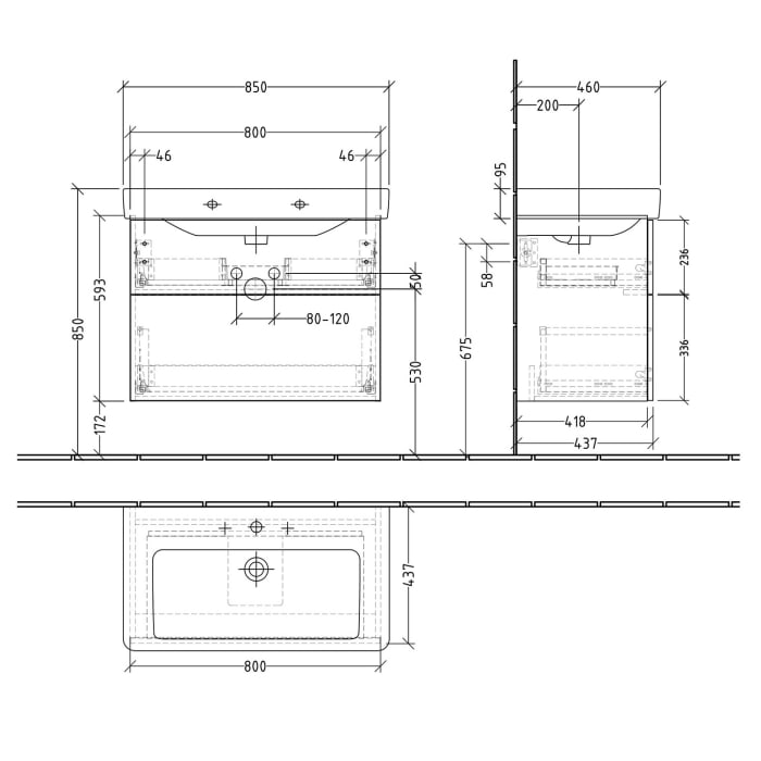 Sanipa 3way Waschtischunterbau für Keramik-Waschtisch Pro S 85 cm, 2 Auszüge mit Push to open