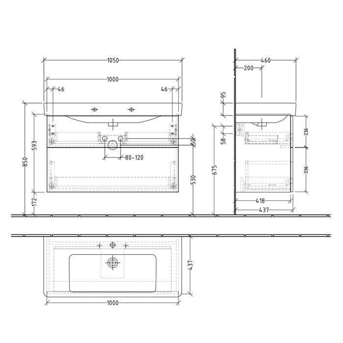 Sanipa 3way Waschtischunterbau für Keramik-Waschtisch Pro S 105 cm, 2 Auszüge mit Push to open