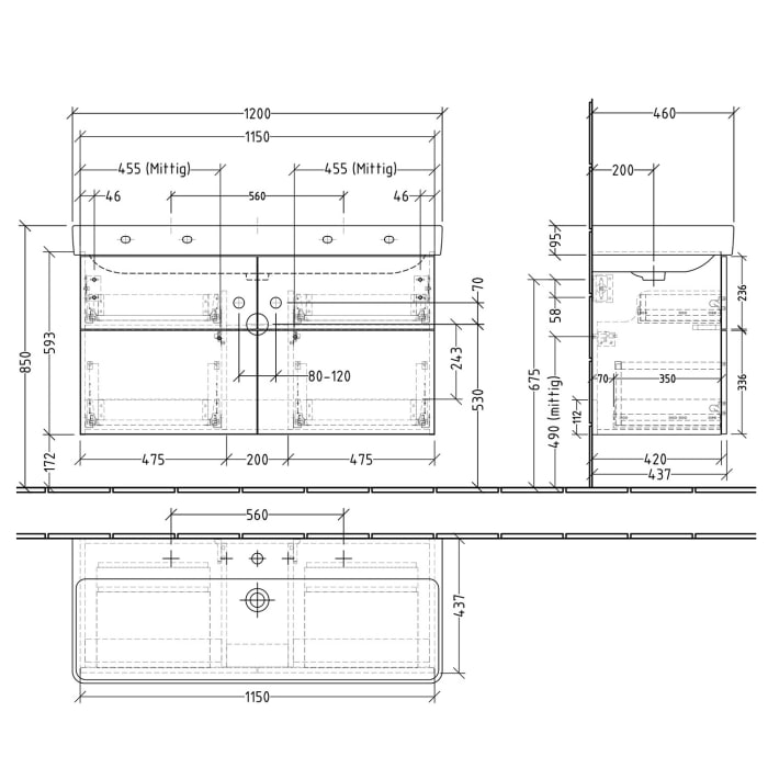 Sanipa 3way Waschtischunterbau für Keramik-Waschtisch Pro S 120 cm, 4 Auszüge mit Push to open