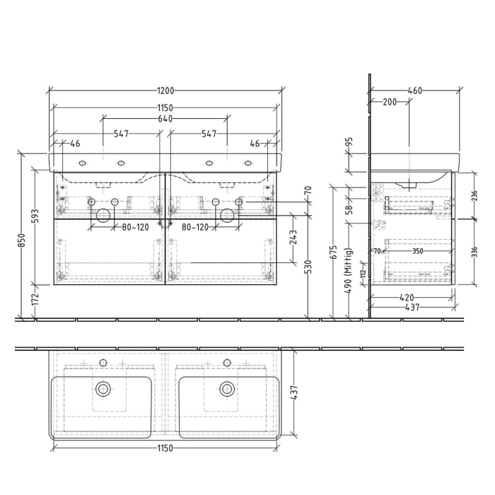 Sanipa 3way Waschtischunterbau für Keramik-Doppelwaschtisch Pro S 120 cm, 4 Auszüge mit Push to open
