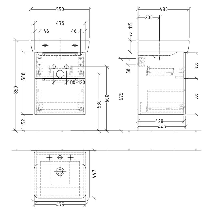 Sanipa 3way Waschtischunterbau für Keramik-Waschtisch Pro A 55 cm, 2 Auszüge mit Aufsatzgriff