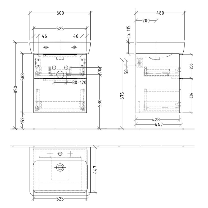 Sanipa 3way Waschtischunterbau für Keramik-Waschtisch Pro A 60 cm, 2 Auszüge mit Aufsatzgriff