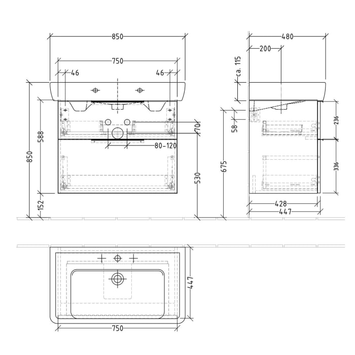 Sanipa 3way Waschtischunterbau für Keramik-Waschtisch Pro A 85 cm, 2 Auszüge mit Aufsatzgriff