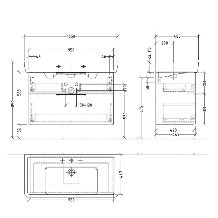 Sanipa 3way Waschtischunterbau für Keramik-Waschtisch Pro A 105 cm, 2 Auszüge mit Aufsatzgriff