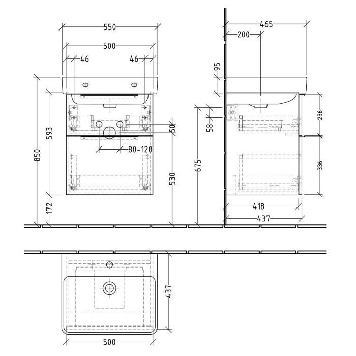 Sanipa 3way Waschtischunterbau für Keramik-Waschtisch Pro S 55 cm, 2 Auszüge mit Aufsatzgriff