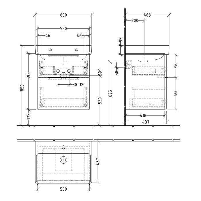 Sanipa 3way Waschtischunterbau für Keramik-Waschtisch Pro S 60 cm, 2 Auszüge mit Aufsatzgriff