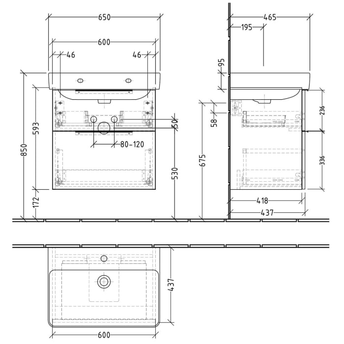 Sanipa 3way Waschtischunterbau für Keramik-Waschtisch Pro S 65 cm, 2 Auszüge mit Aufsatzgriff