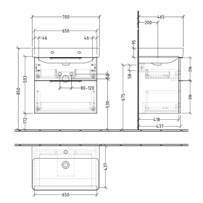 Sanipa 3way Waschtischunterbau für Keramik-Waschtisch Pro S 70 cm, 2 Auszüge mit Aufsatzgriff