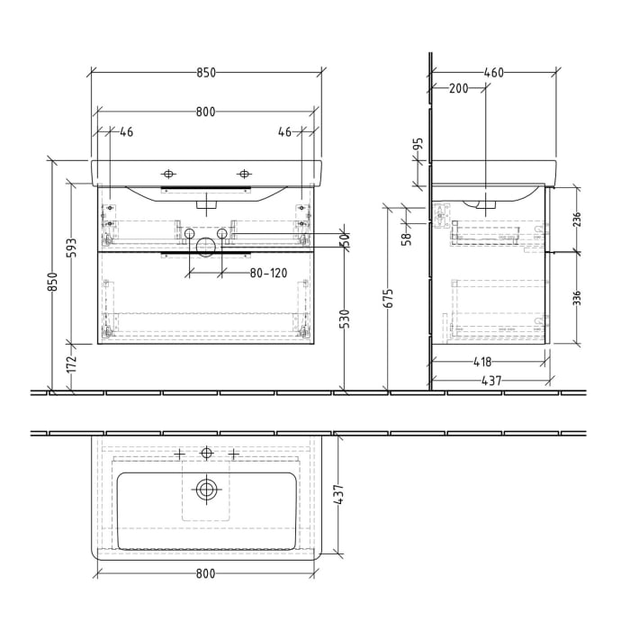 Sanipa 3way Waschtischunterbau für Keramik-Waschtisch Pro S 85 cm, 2 Auszüge mit Aufsatzgriff