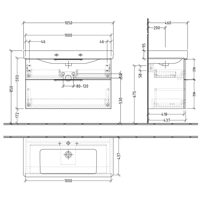 Sanipa 3way Waschtischunterbau für Keramik-Waschtisch Pro S 105 cm, 2 Auszüge mit Aufsatzgriff