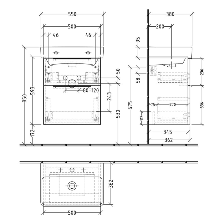 Sanipa 3way Waschtischunterbau für Keramik-Waschtisch Pro S 55 cm, 2 Auszüge mit Aufsatzgriff, geringere Tiefe