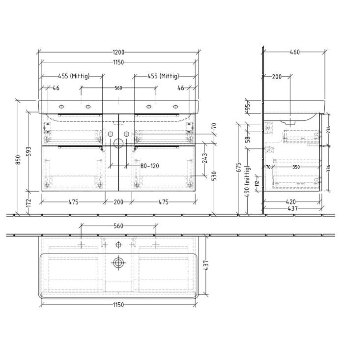 Sanipa 3way Waschtischunterbau für Keramik-Waschtisch Pro S 120 cm, 4 Auszüge mit Aufsatzgriff