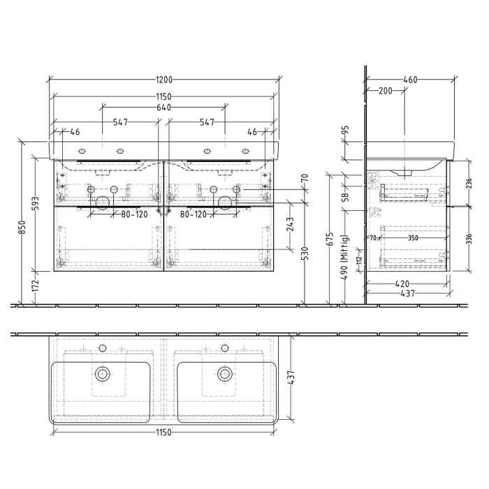 Sanipa 3way Waschtischunterbau für Keramik-Doppelwaschtisch Pro S 120 cm, 4 Auszüge mit Aufsatzgriff