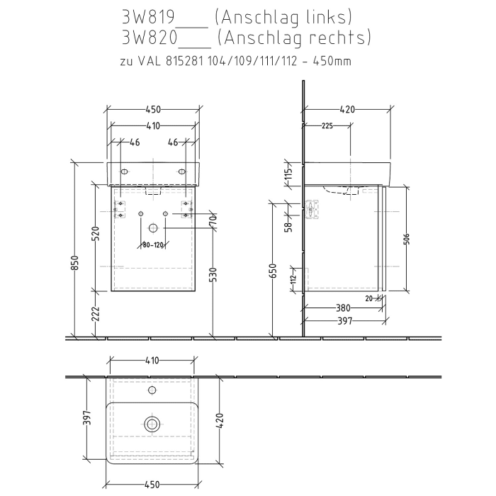 Sanipa 3way Waschtischunterbau für Keramik-Waschtisch Val 45 cm, 1 Tür, Anschlag rechts, mit Griffleiste