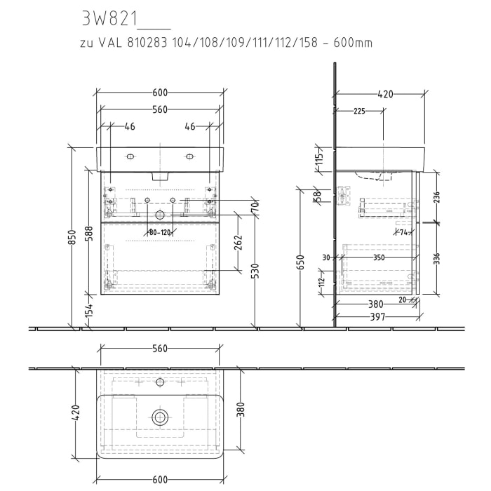 Sanipa 3way Waschtischunterbau für Keramik-Waschtisch Val 60 cm, 2 Auszüge mit Griffleisten