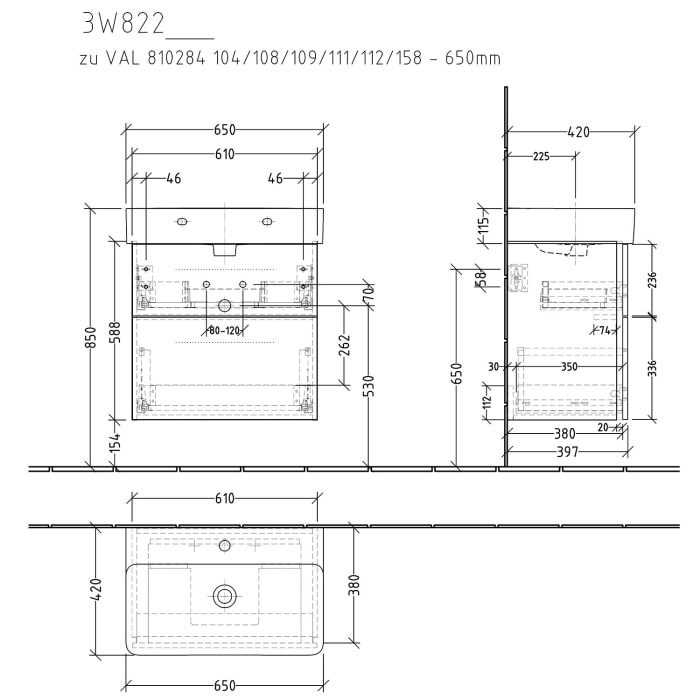 Sanipa 3way Waschtischunterbau für Keramik-Waschtisch Val 65 cm, 2 Auszüge mit Griffleisten
