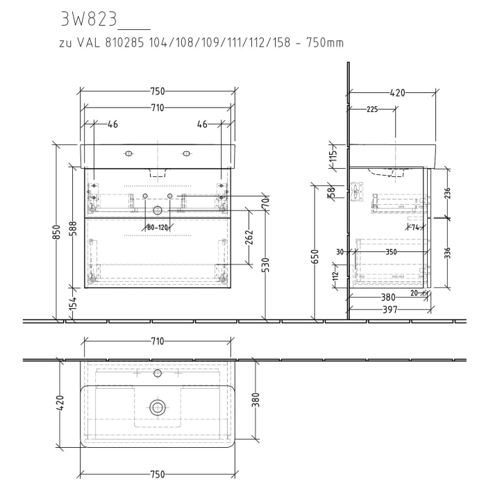 Sanipa 3way Waschtischunterbau für Keramik-Waschtisch Val 75 cm, 2 Auszüge mit Griffleisten