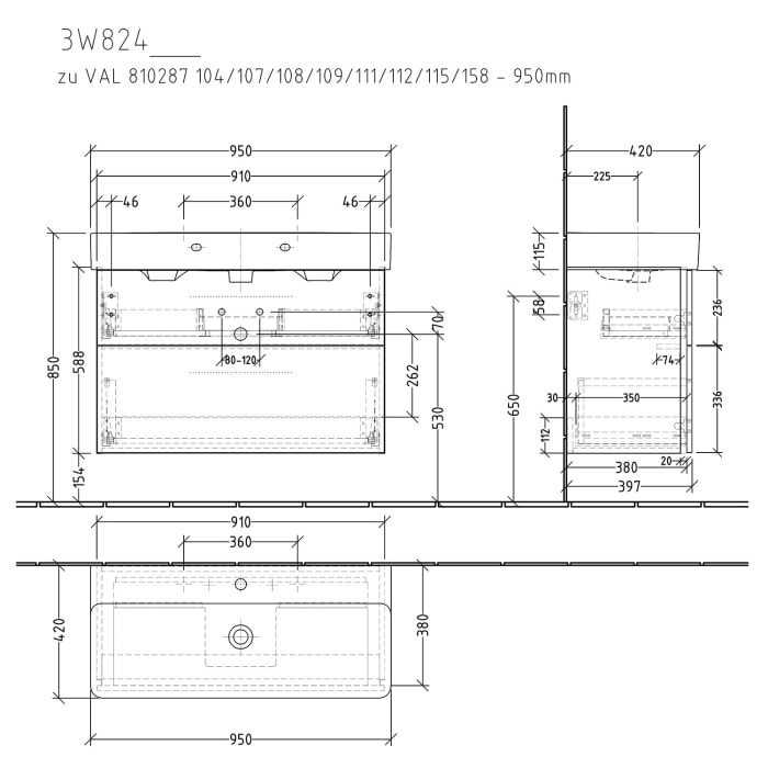 Sanipa 3way Waschtischunterbau für Keramik-Waschtisch Val 95 cm, 2 Auszüge mit Griffleisten
