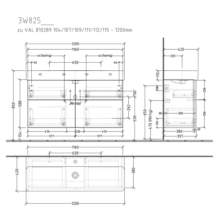 Sanipa 3way Waschtischunterbau für Keramik-Waschtisch Val 120 cm, 4 Auszüge mit Griffleisten