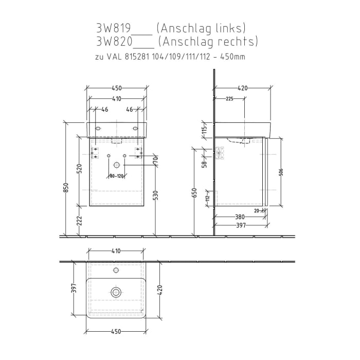 Sanipa 3way Waschtischunterbau für Keramik-Waschtisch Val 45 cm, 1 Tür, Anschlag links, mit Griffleiste